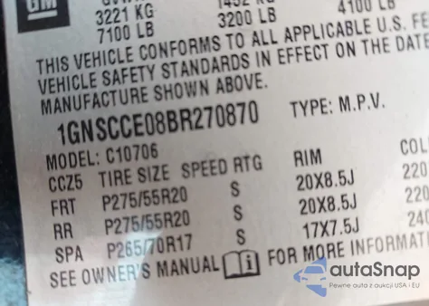 2011 Chevrolet Tahoe Ltz from USA, damaged, VIN 1GNSCCE08BR270870